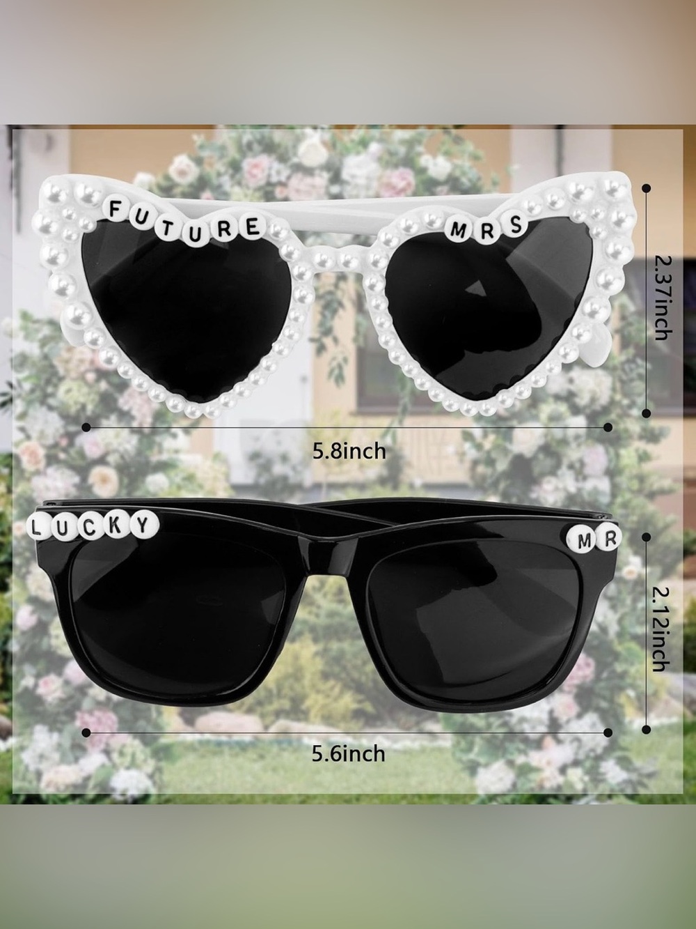 Bride and groom Pearl-Trim Heart Sunglasses - White and black set